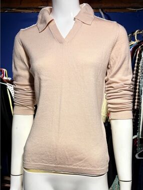 Women's Tan Collared V-Neck 100% Merino Wool Sweater Size Small EUC